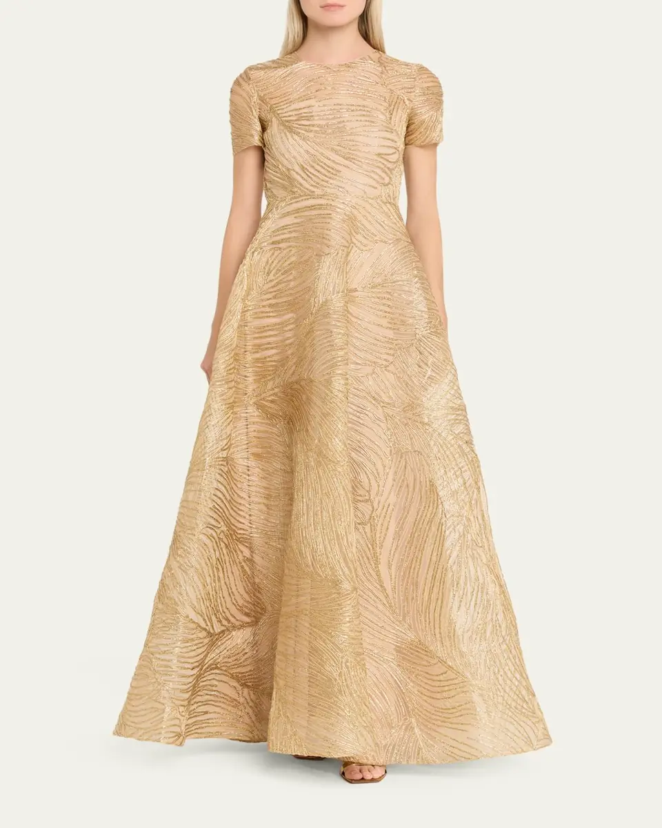 Naeem Khan Metallic Raffia Embroidered Short-Sleeve Gown | Thumbnail 2 Naeem Khan Metallic Raffia Embroidered Short-Sleeve Gown | Thumbnail 2