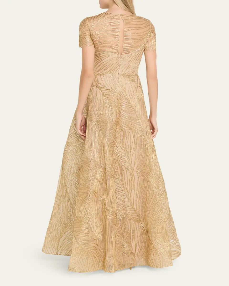 Naeem Khan Metallic Raffia Embroidered Short-Sleeve Gown | Thumbnail 3 Naeem Khan Metallic Raffia Embroidered Short-Sleeve Gown | Thumbnail 3