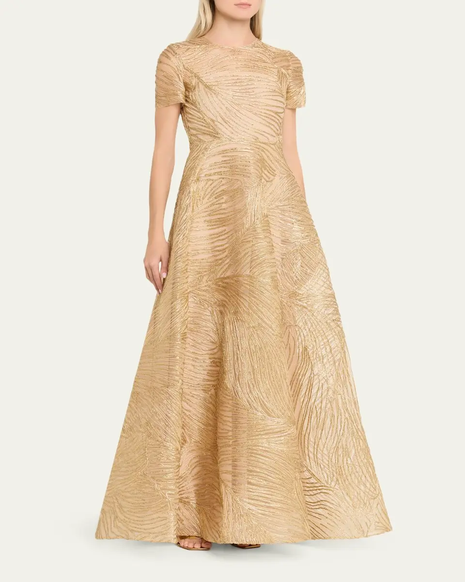 Naeem Khan Metallic Raffia Embroidered Short-Sleeve Gown | Thumbnail 4 Naeem Khan Metallic Raffia Embroidered Short-Sleeve Gown | Thumbnail 4