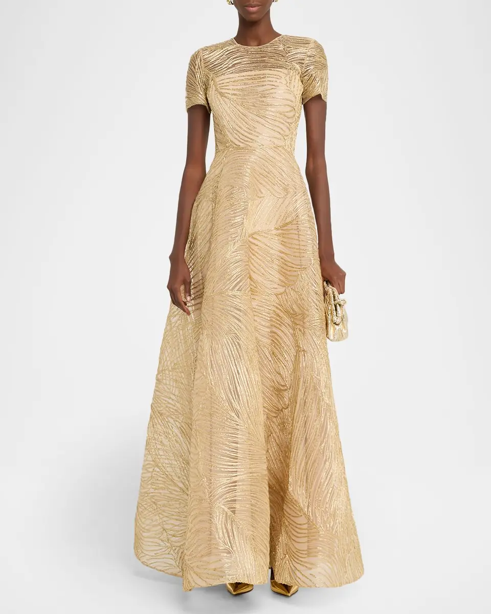 Naeem Khan Metallic Raffia Embroidered Short-Sleeve Gown | Thumbnail 6 Naeem Khan Metallic Raffia Embroidered Short-Sleeve Gown | Thumbnail 6