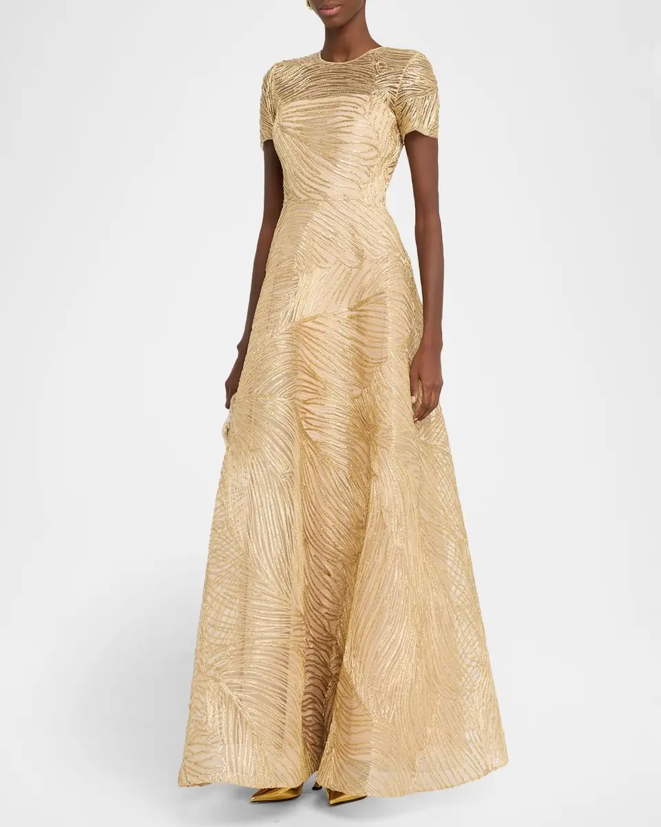 Naeem Khan Metallic Raffia Embroidered Short-Sleeve Gown | Thumbnail 8 Naeem Khan Metallic Raffia Embroidered Short-Sleeve Gown | Thumbnail 8