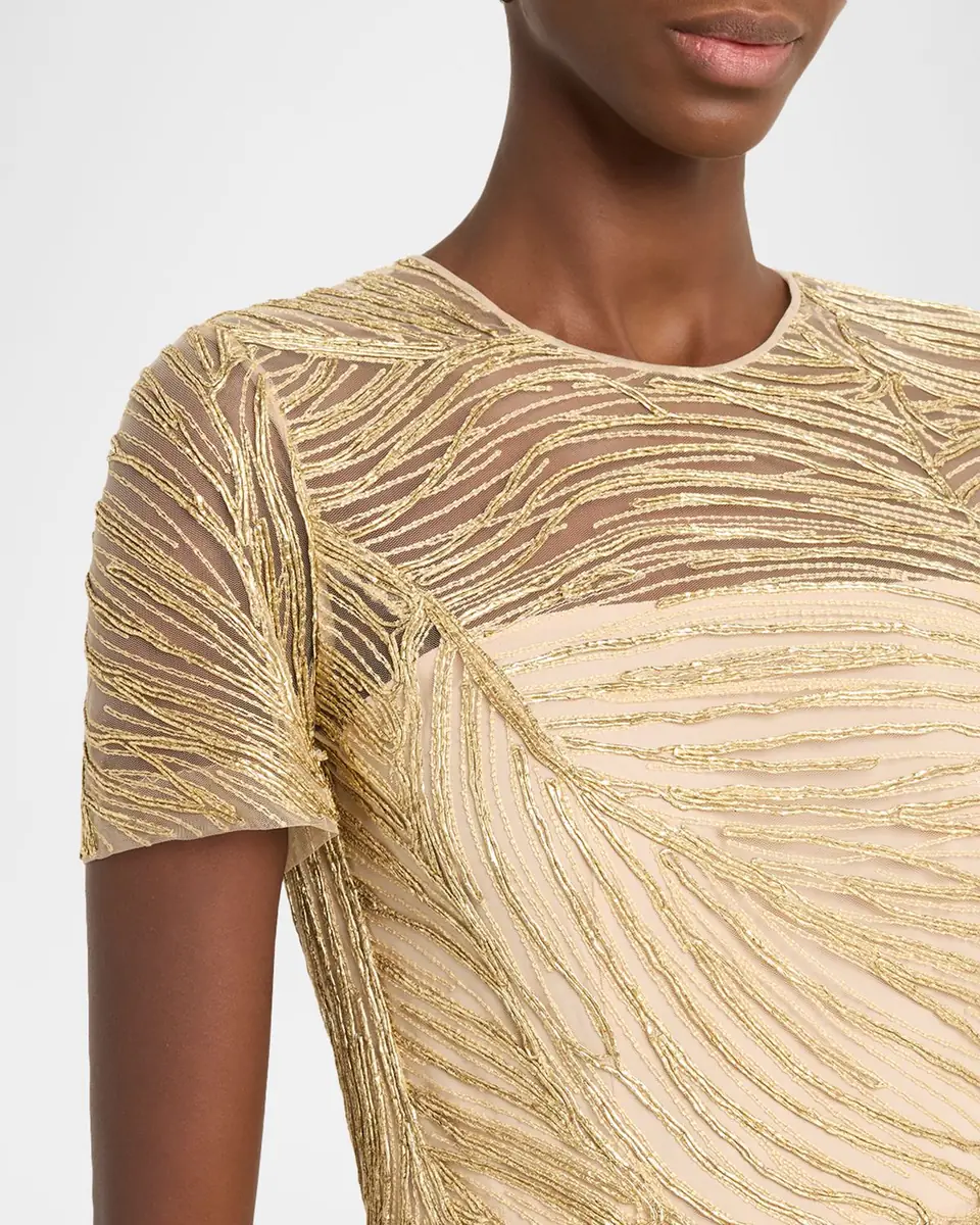 Naeem Khan Metallic Raffia Embroidered Short-Sleeve Gown | Thumbnail 9 Naeem Khan Metallic Raffia Embroidered Short-Sleeve Gown | Thumbnail 9