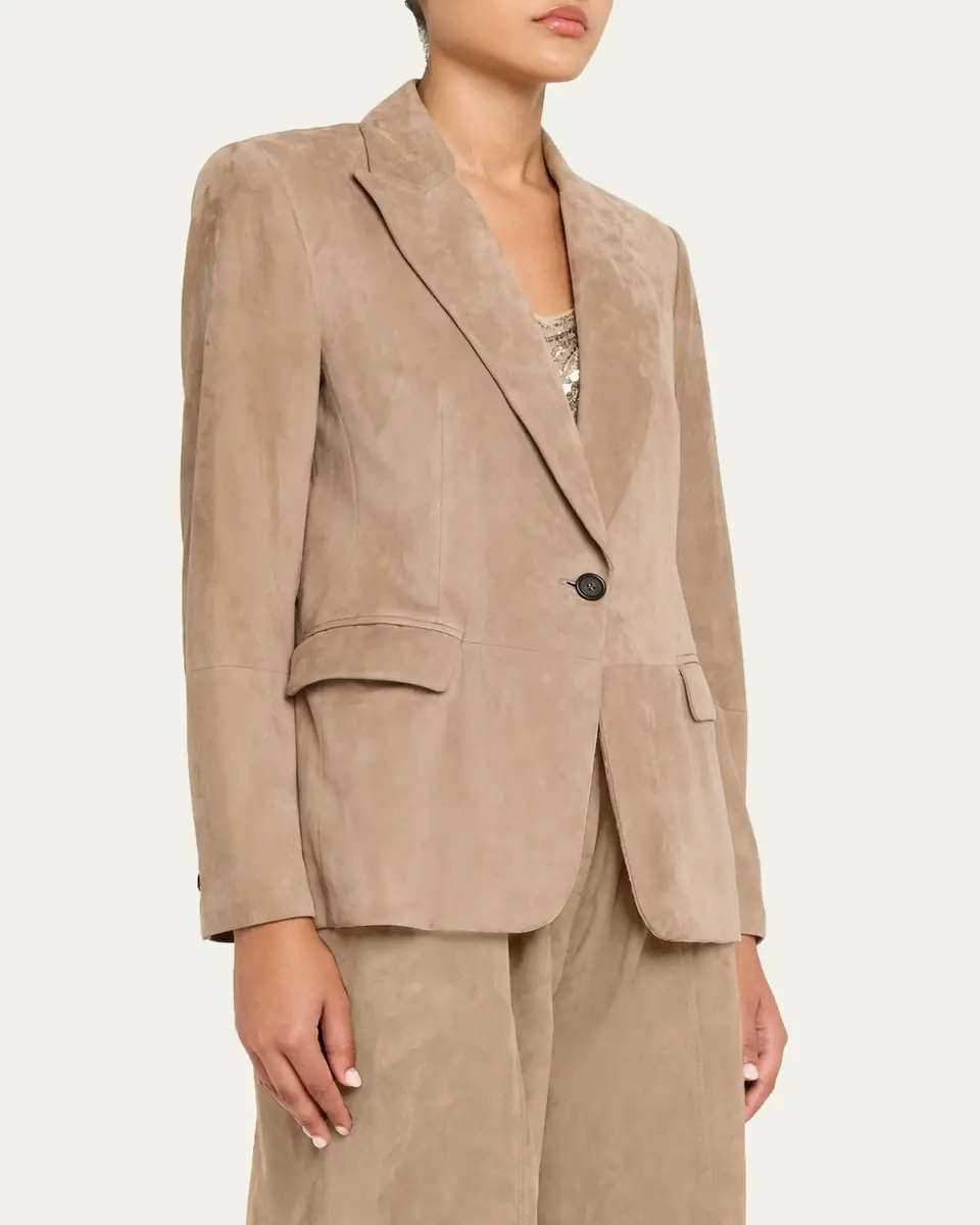 Brunello Cucinelli Suede Single-Breasted Blazer Jacket | Thumbnail 4
