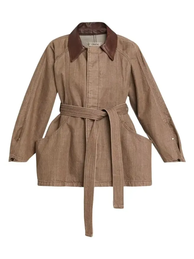 OSSOU Sweep Belted Denim Jacket with Leather Collar