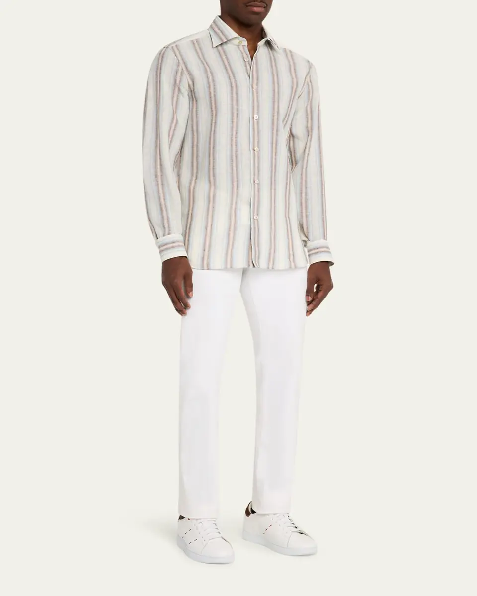 Kiton Men's Linen Blend Wide Stripe Button-Down Shirt | Thumbnail 2 Kiton Men's Linen Blend Wide Stripe Button-Down Shirt | Thumbnail 2