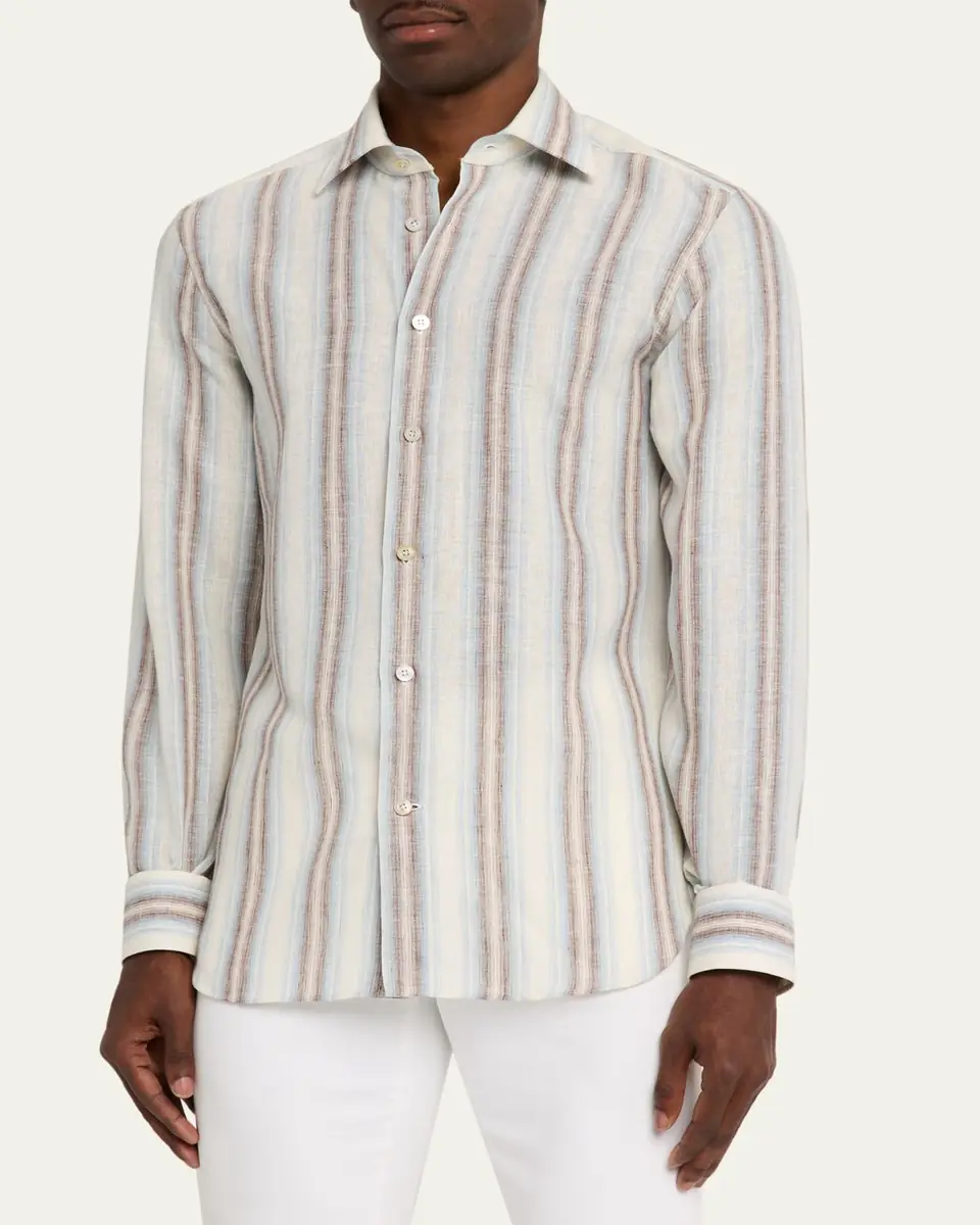 Kiton Men's Linen Blend Wide Stripe Button-Down Shirt | Thumbnail 4 Kiton Men's Linen Blend Wide Stripe Button-Down Shirt | Thumbnail 4