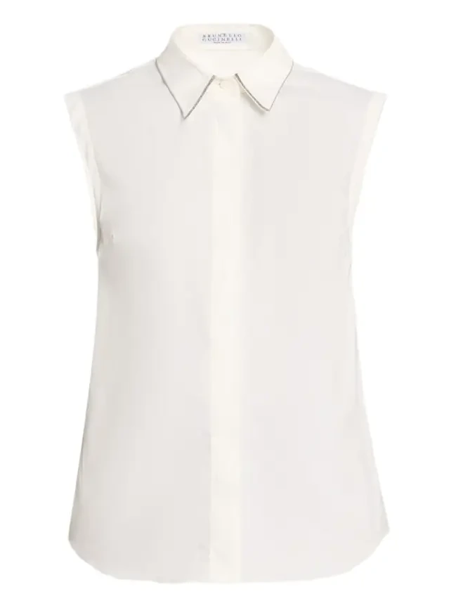 Cotton Poplin Sleeveless Top With Monili Trim
