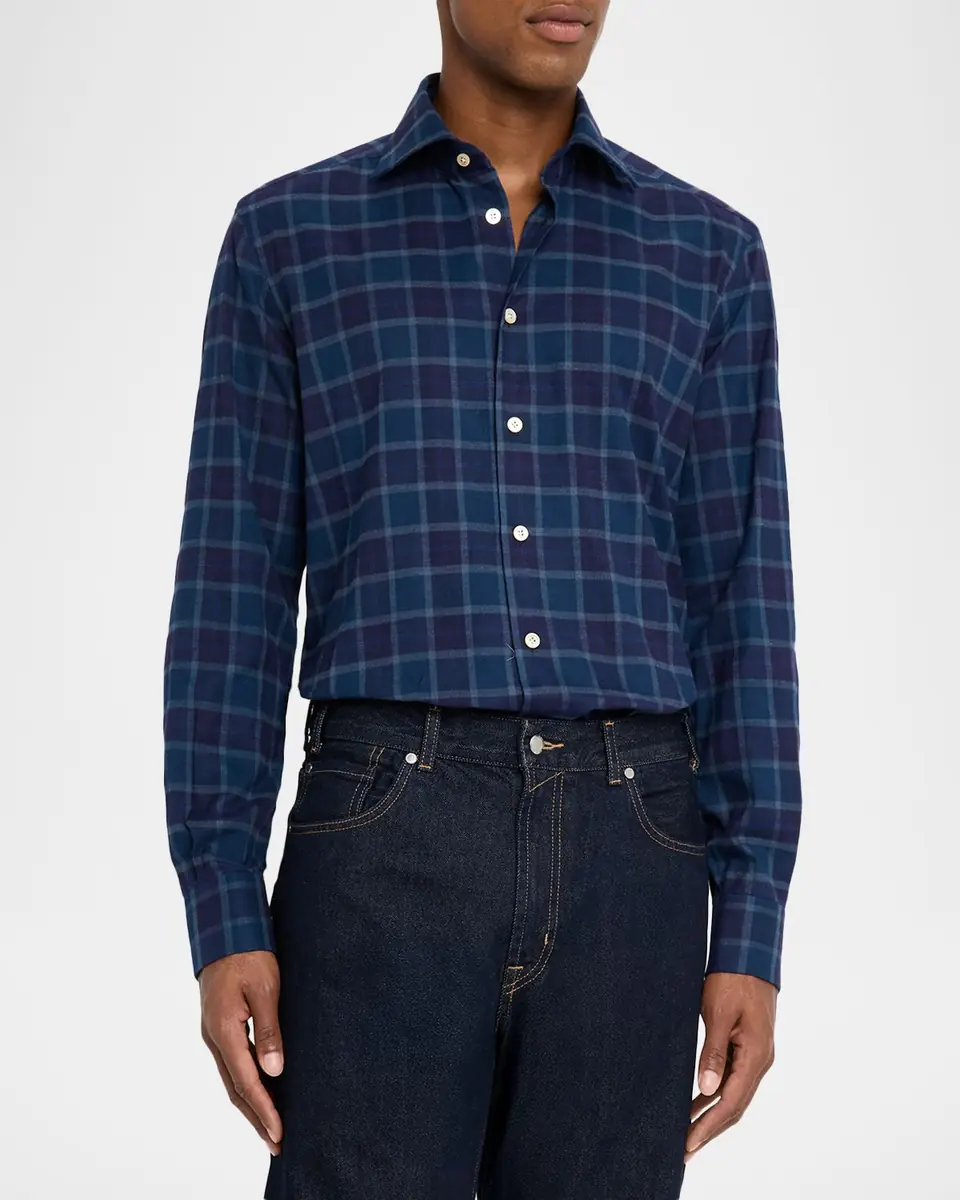 Kiton Men's Plaid Button-Front Shirt | Thumbnail 3 Kiton Men's Plaid Button-Front Shirt | Thumbnail 3