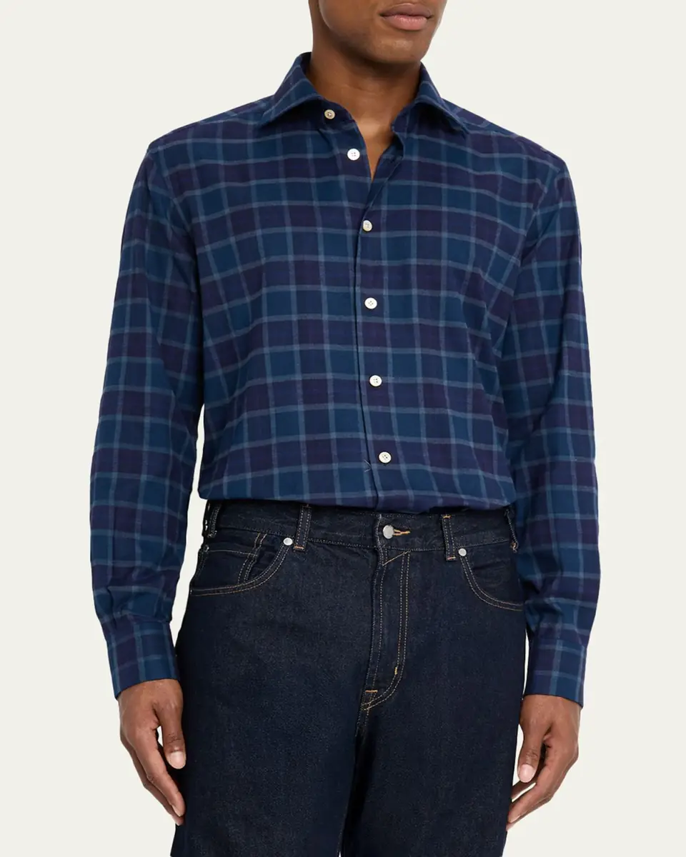 Kiton Men's Plaid Button-Front Shirt | Thumbnail 8 Kiton Men's Plaid Button-Front Shirt | Thumbnail 8