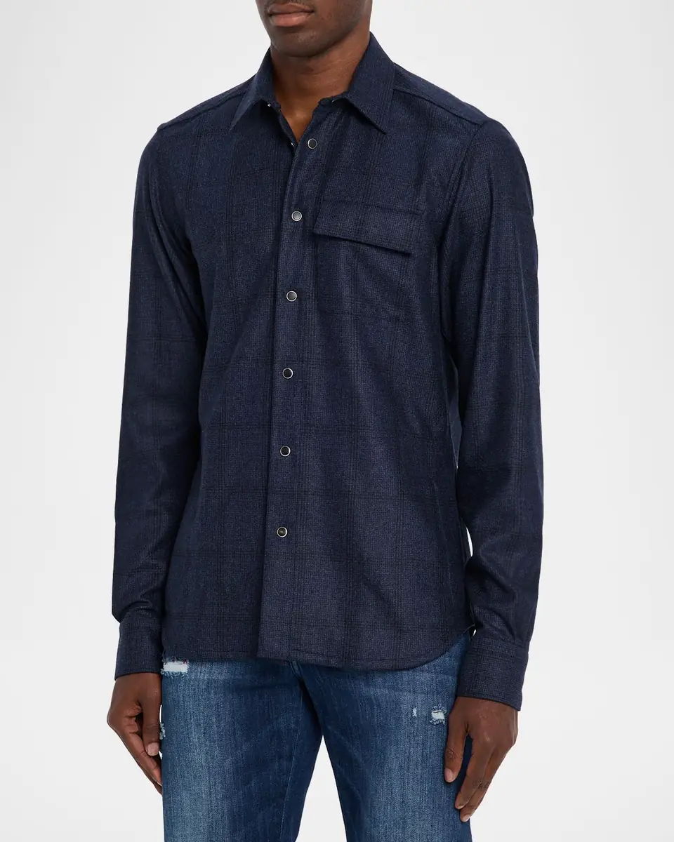 Kiton Men's Wool Windowpane Snap-Front Overshirt | Thumbnail 2