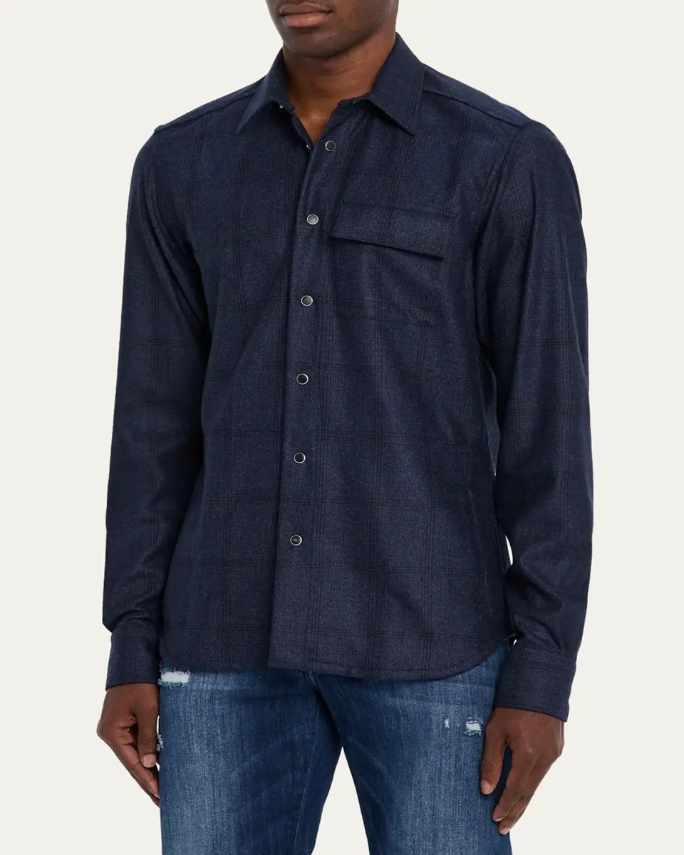 Kiton Men's Wool Windowpane Snap-Front Overshirt | Thumbnail 5