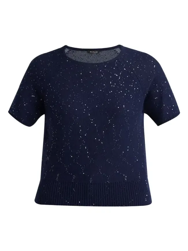 Cashmere Paillette Short-Sleeve Crewneck Sweater