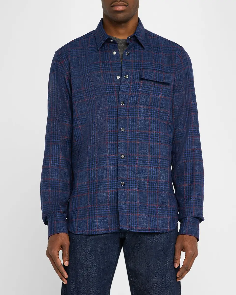 Kiton Men's Plaid Wool and Silk Casual Overshirt | Thumbnail 3 Kiton Men's Plaid Wool and Silk Casual Overshirt | Thumbnail 3