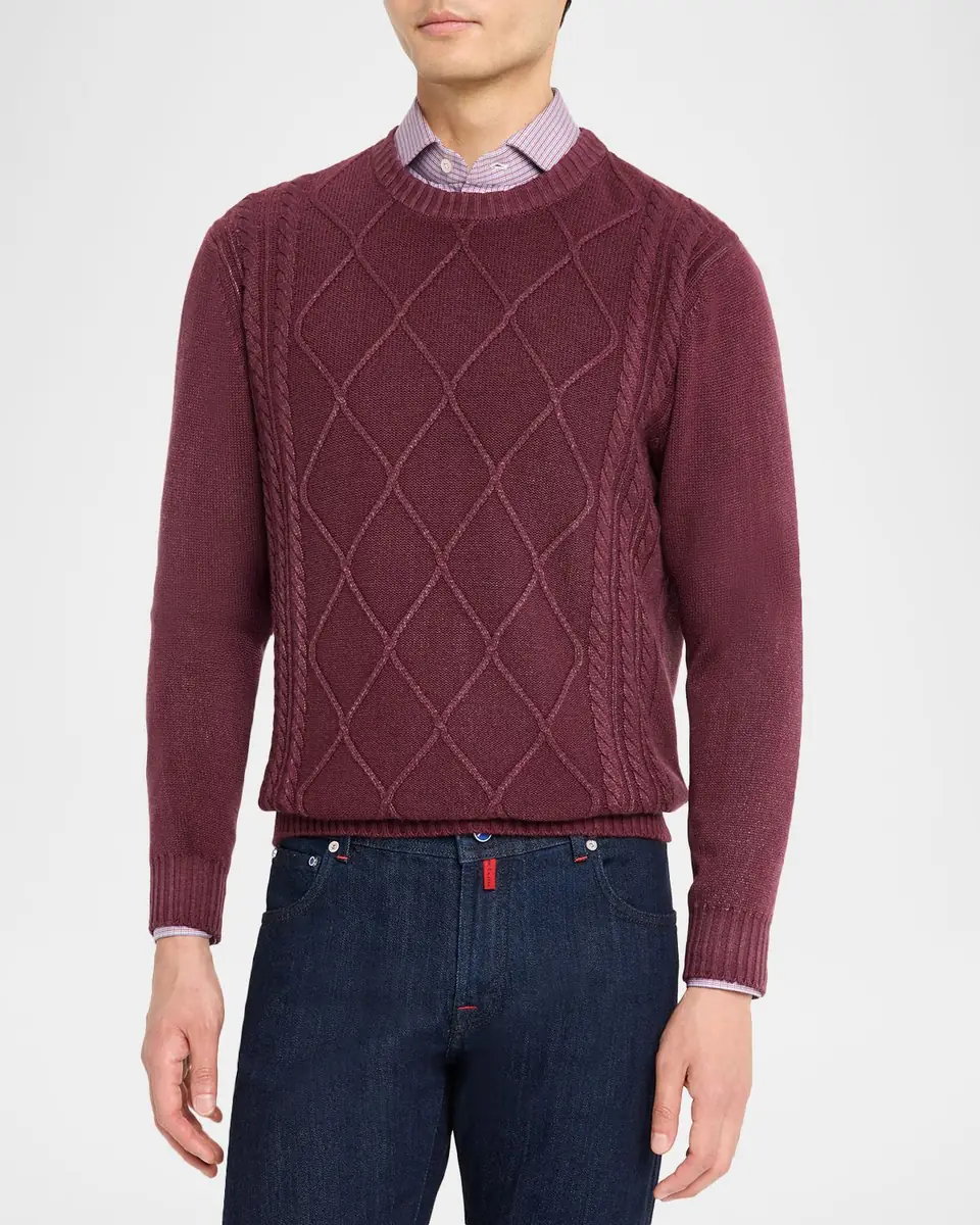 Kiton Men's Cashmere Diamond Cable Crewneck Sweater | Thumbnail 3 Kiton Men's Cashmere Diamond Cable Crewneck Sweater | Thumbnail 3