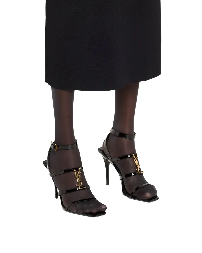 Saint Laurent Cassandra YSL Medallion Leather Stiletto Sandals | Image 1 Saint Laurent Cassandra YSL Medallion Leather Stiletto Sandals | Image 1