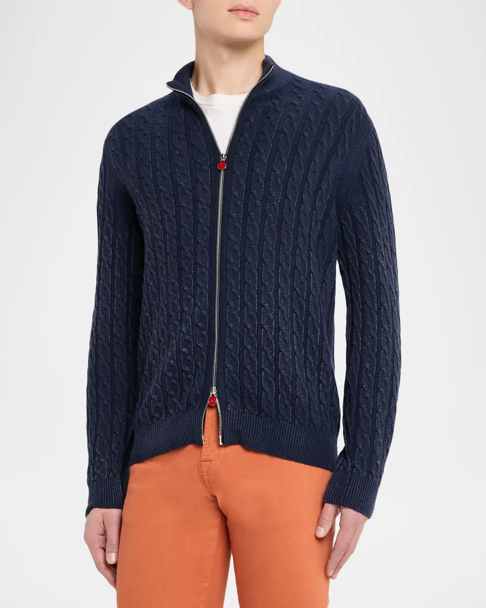 Kiton Men's Washed Cashmere Cable Knit Full-Zip Sweater | Thumbnail 3