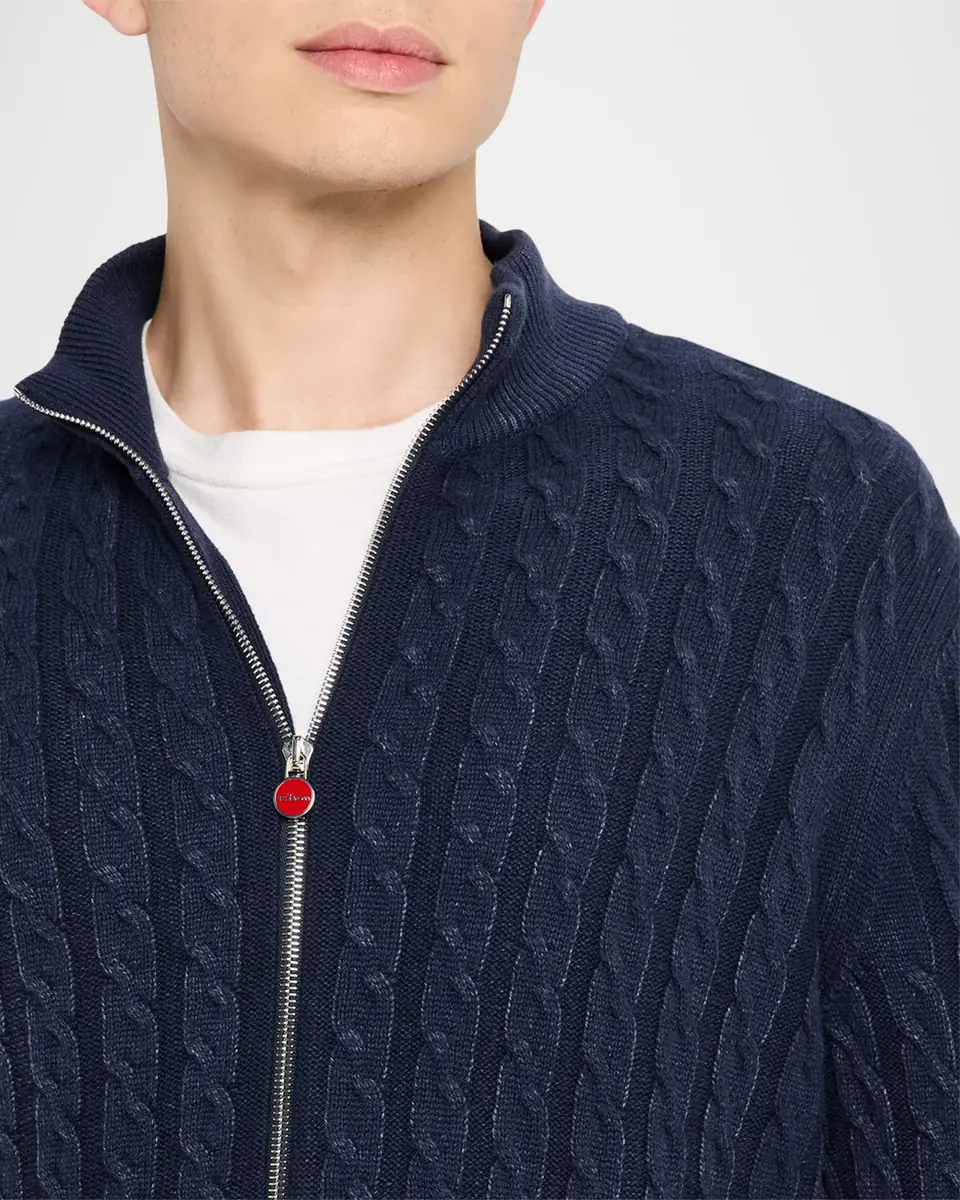 Kiton Men's Washed Cashmere Cable Knit Full-Zip Sweater | Thumbnail 4