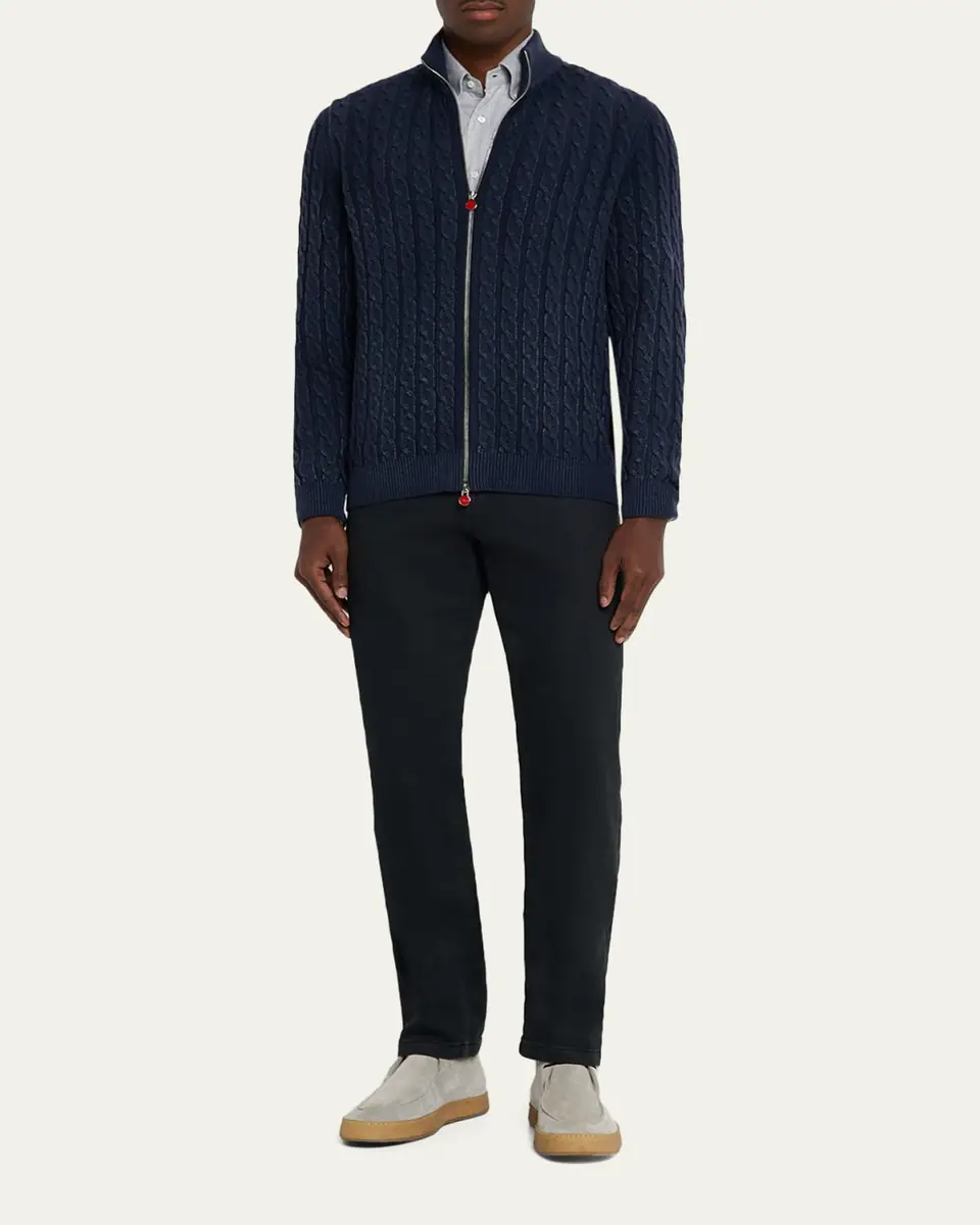 Kiton Men's Washed Cashmere Cable Knit Full-Zip Sweater | Thumbnail 6