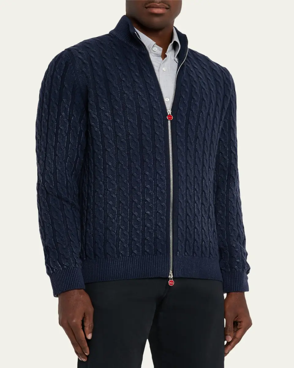Kiton Men's Washed Cashmere Cable Knit Full-Zip Sweater | Thumbnail 8