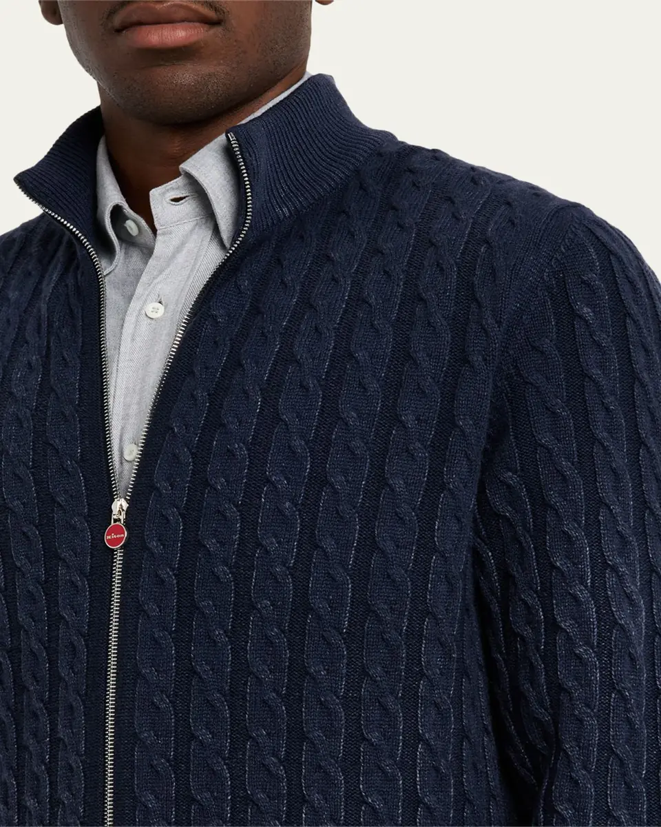 Kiton Men's Washed Cashmere Cable Knit Full-Zip Sweater | Thumbnail 9