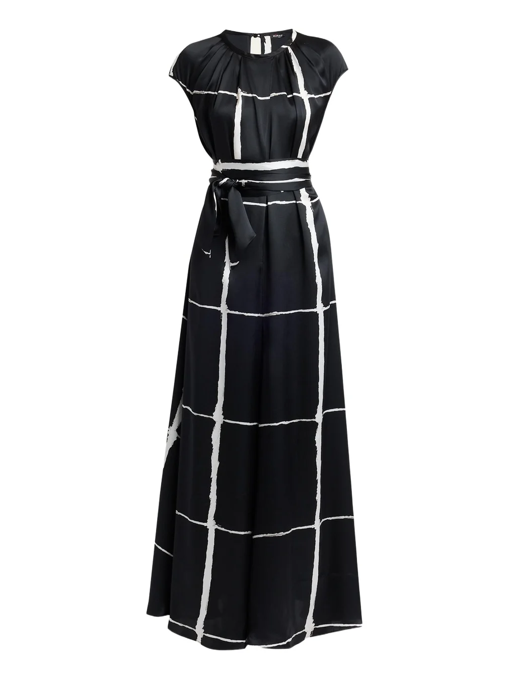 Windowpane-Print Silk Cap-Sleeve Maxi Dress