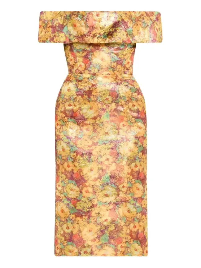 Gloria Metallic Floral Jacquard Off-The-Shoulder Dress