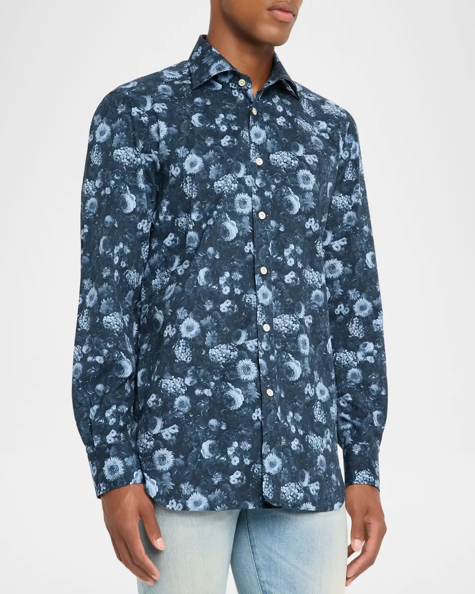 Kiton Men's Cotton Tonal Floral Sport Shirt | Thumbnail 3 Kiton Men's Cotton Tonal Floral Sport Shirt | Thumbnail 3