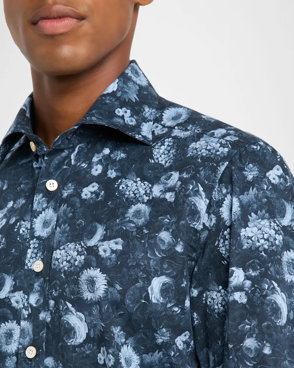 Kiton Men's Cotton Tonal Floral Sport Shirt | Thumbnail 4 Kiton Men's Cotton Tonal Floral Sport Shirt | Thumbnail 4