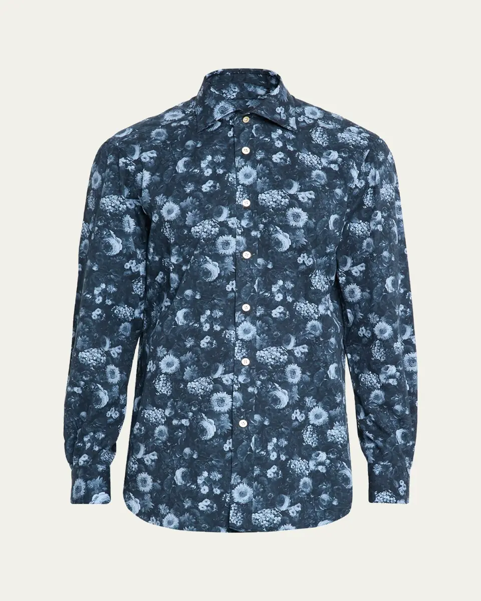 Kiton Men's Cotton Tonal Floral Sport Shirt | Thumbnail 5 Kiton Men's Cotton Tonal Floral Sport Shirt | Thumbnail 5