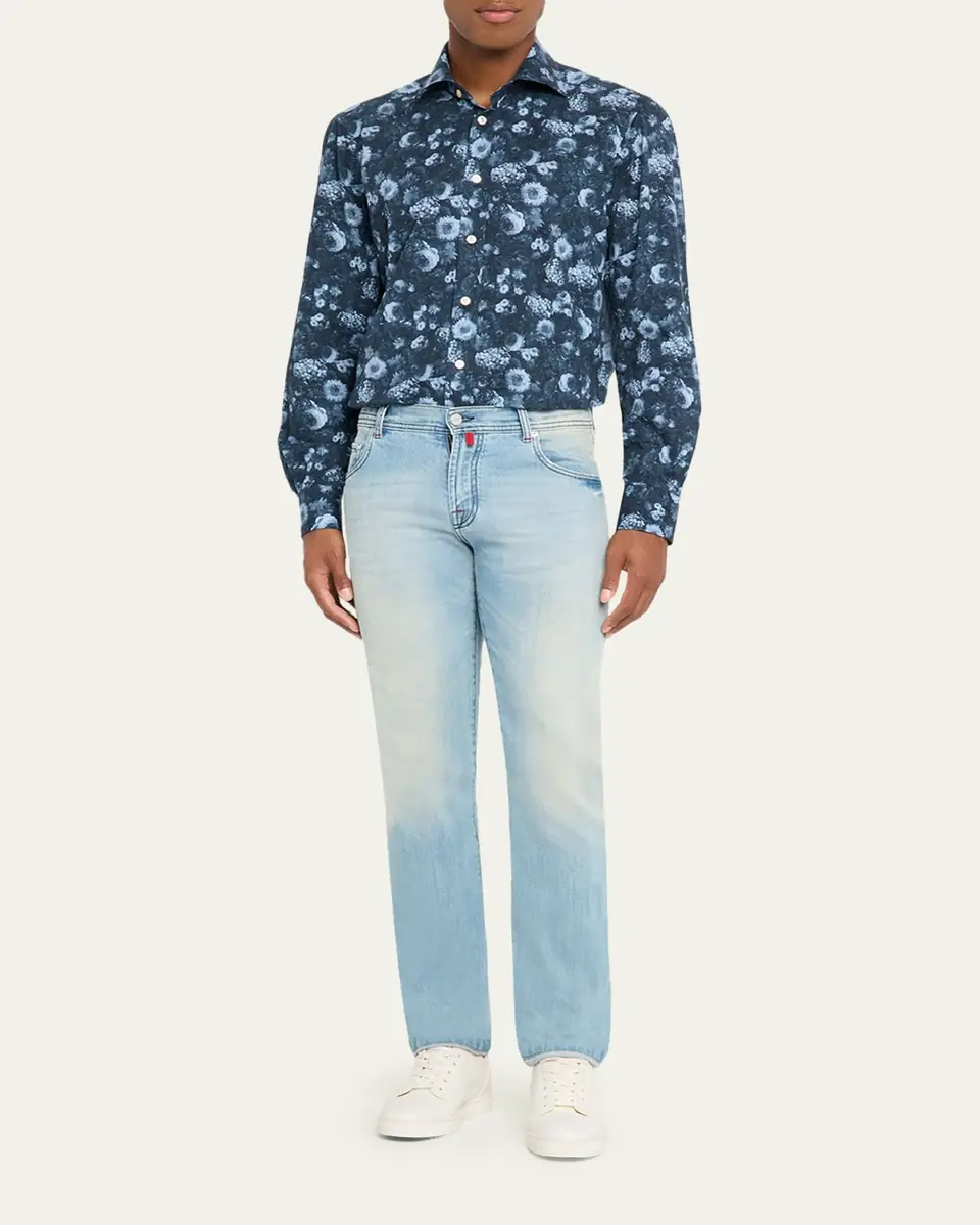 Kiton Men's Cotton Tonal Floral Sport Shirt | Thumbnail 6 Kiton Men's Cotton Tonal Floral Sport Shirt | Thumbnail 6