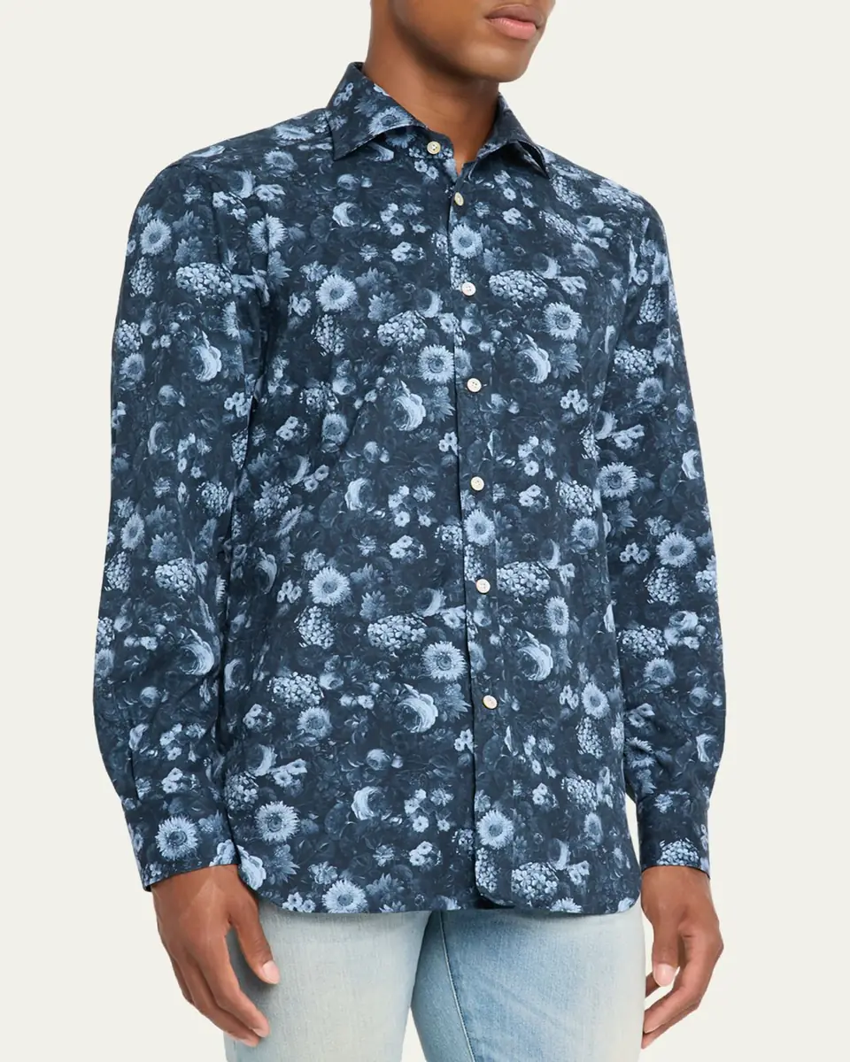 Kiton Men's Cotton Tonal Floral Sport Shirt | Thumbnail 8 Kiton Men's Cotton Tonal Floral Sport Shirt | Thumbnail 8