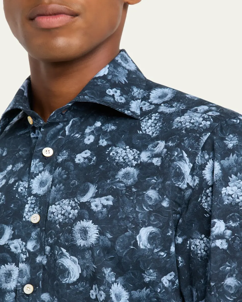 Kiton Men's Cotton Tonal Floral Sport Shirt | Thumbnail 9 Kiton Men's Cotton Tonal Floral Sport Shirt | Thumbnail 9