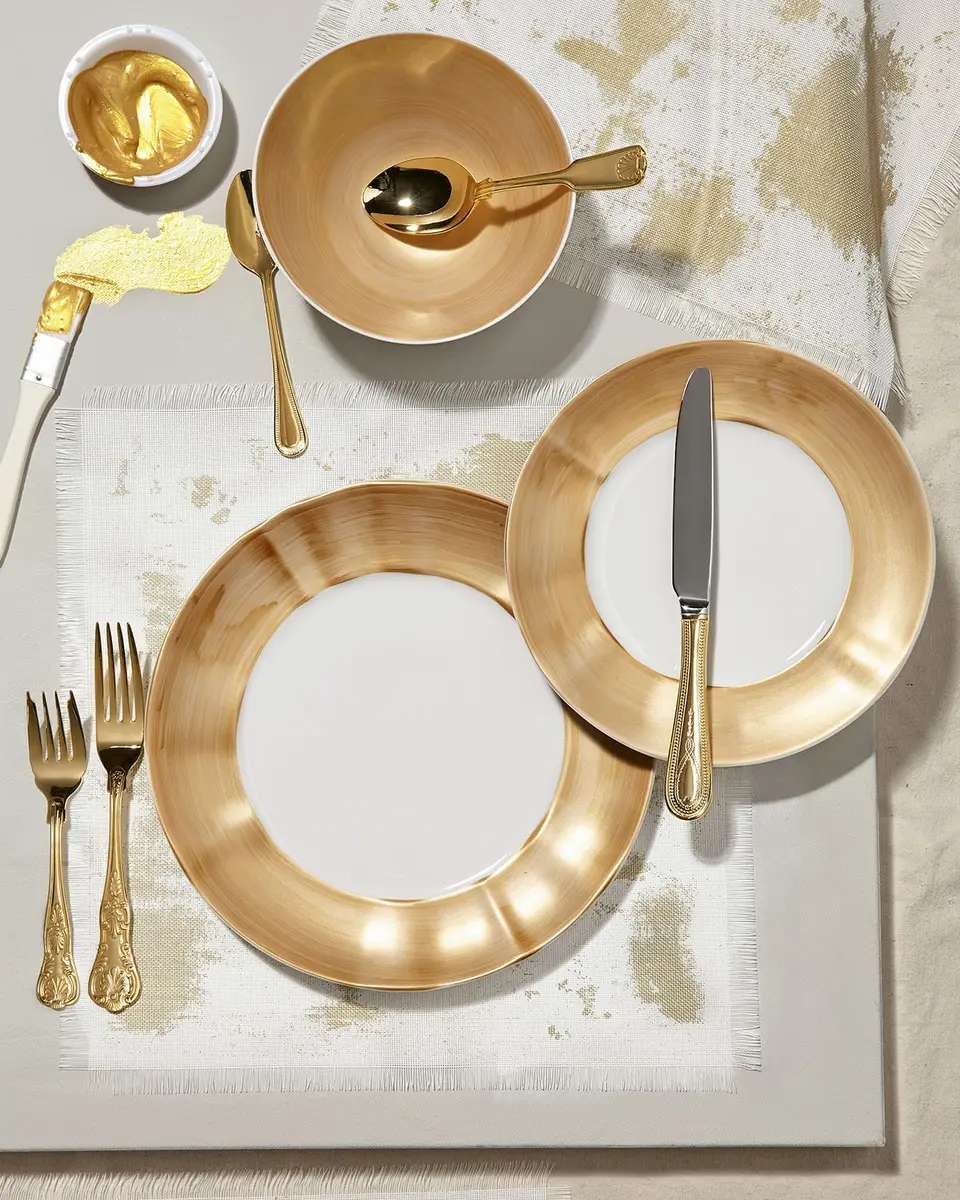 Neiman Marcus 12-Piece Gold Brushstroke Dinnerware Set | Thumbnail 2 Neiman Marcus 12-Piece Gold Brushstroke Dinnerware Set | Thumbnail 2