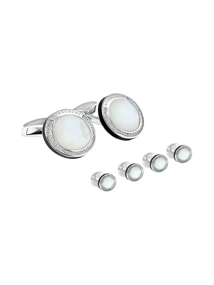 Tateossian Mother-of-Pearl Sterling Silver Cuff Links Stud Set