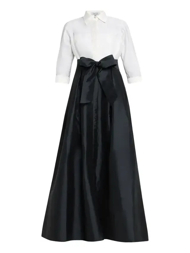 Two-Tone 3/4-Sleeve Taffeta Shirtdress Gown