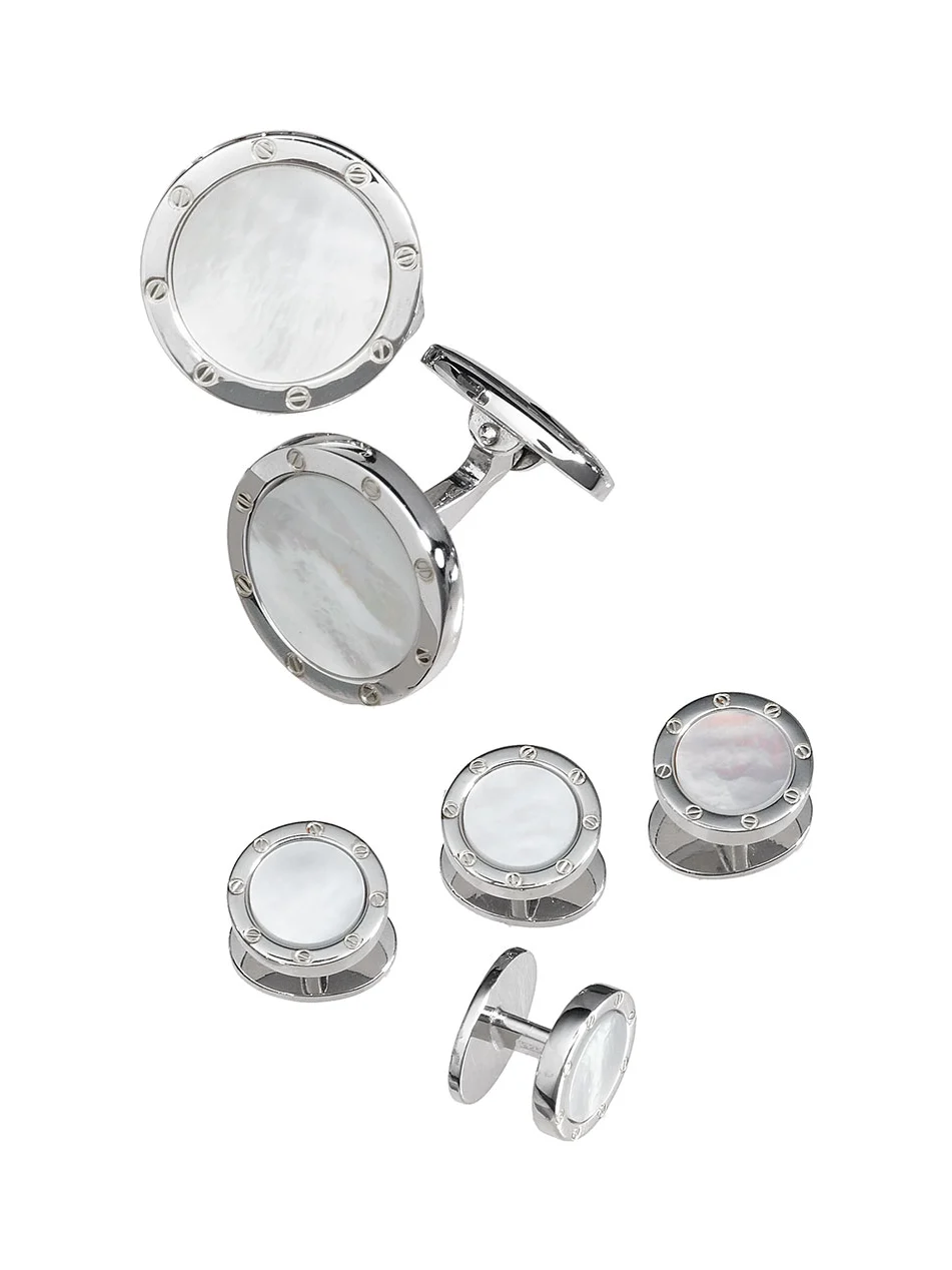Round Mother-of-Pearl Cuff Link and Stud Set