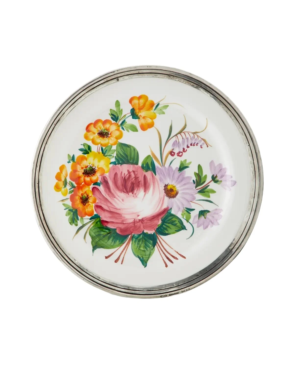 Neiman Marcus Floral Pewter & Ceramic Dinner Plate