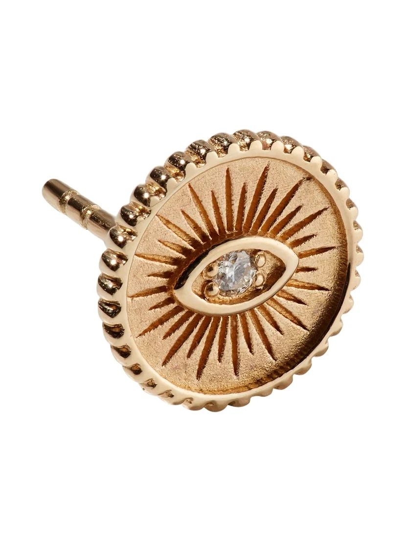 14k Diamond Evil Eye Coin Stud Earring, Single 14k Diamond Evil Eye Coin Stud Earring, Single