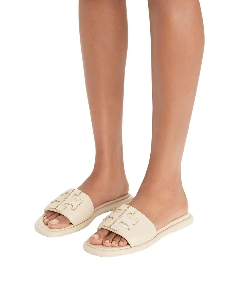 Tory Burch Double T Leather Medallion Slide Sandals | Image 1 Tory Burch Double T Leather Medallion Slide Sandals | Image 1