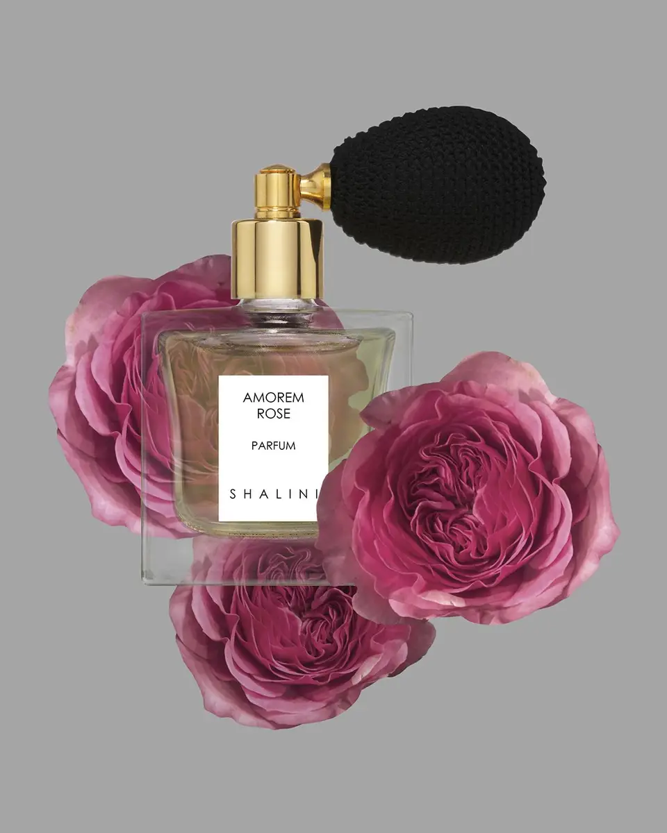 Shalini Parfum Amorem Rose Cubique Glass Bottle with Black Bulb Atomizer, 1.7 oz./ 50 mL | Thumbnail 2 Shalini Parfum Amorem Rose Cubique Glass Bottle with Black Bulb Atomizer, 1.7 oz./ 50 mL | Thumbnail 2
