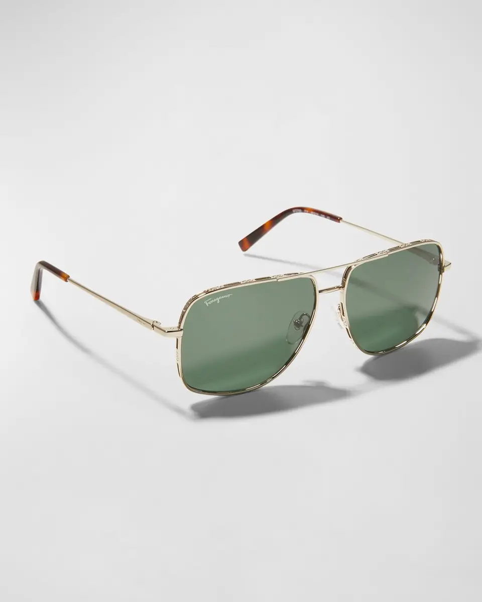 Ferragamo Men's Metal Gancini Rim Navigator Aviator Sunglasses | Thumbnail 2