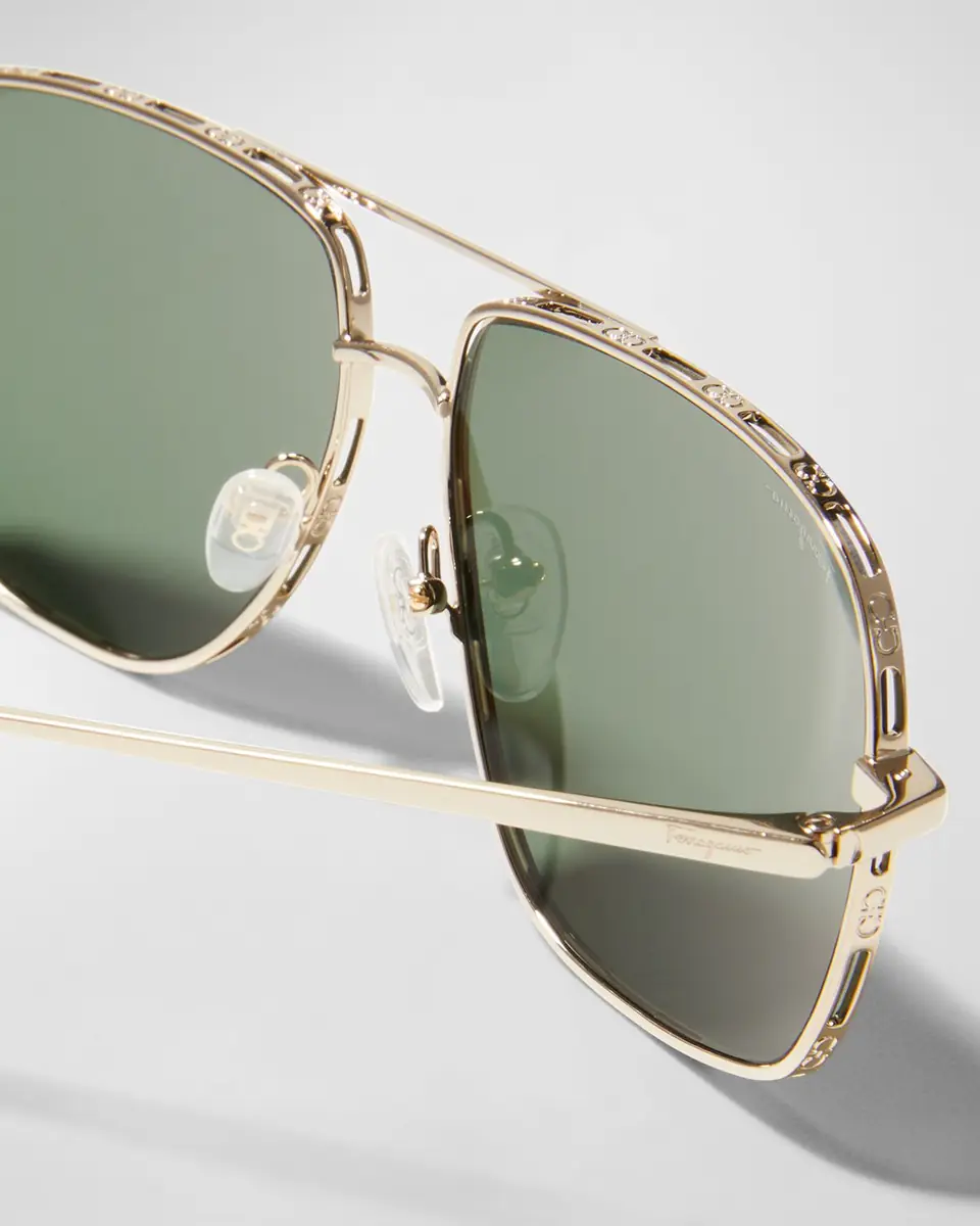 Ferragamo Men's Metal Gancini Rim Navigator Aviator Sunglasses | Thumbnail 4