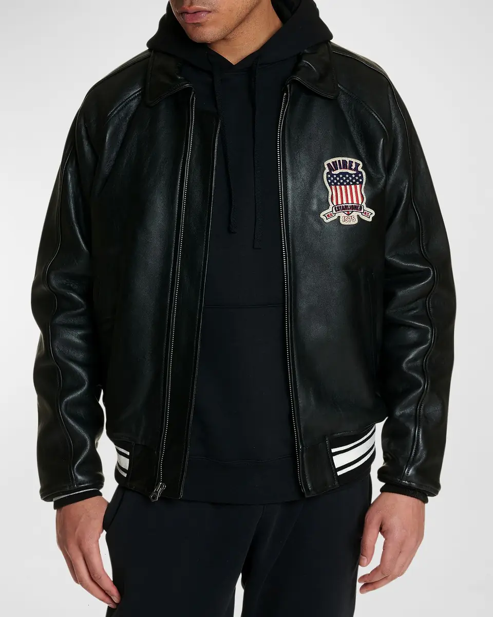 Avirex Men's Icon Logo Leather Bomber Jacket | Thumbnail 3