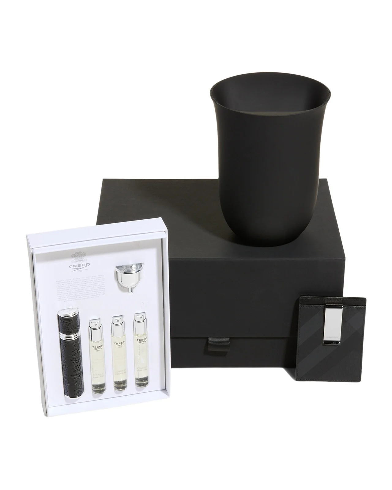 Neiman Marcus Creed Aventus En Voyage Travel Set, Sanitizing Charger, and Burberry Card Case Gift Box Set