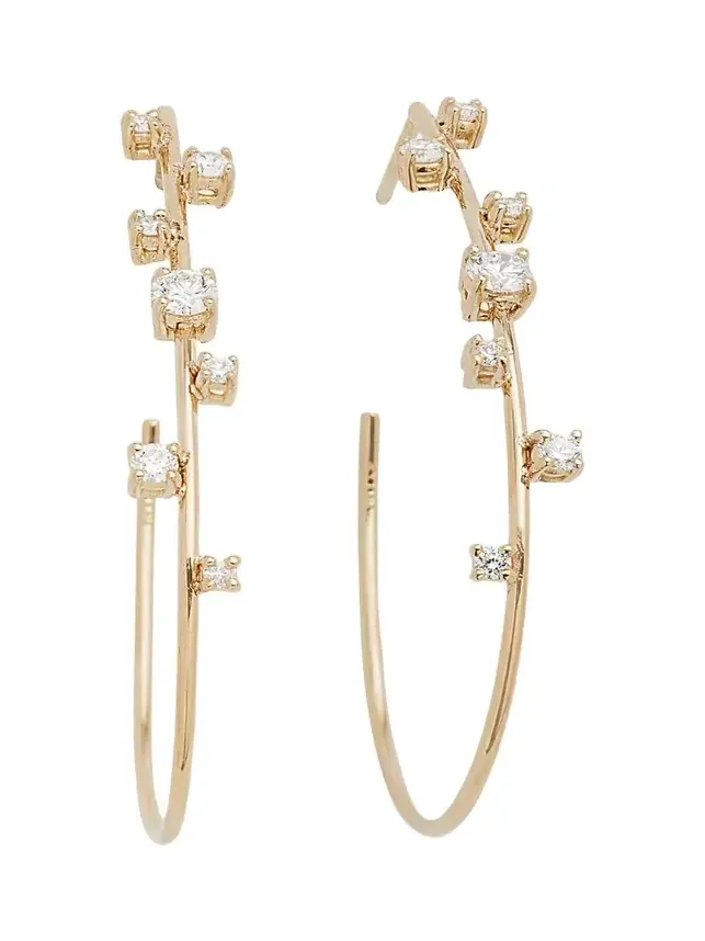 14K Gold Small Solo Tear Drop Hoop Earrings with Diamonds, 36mm