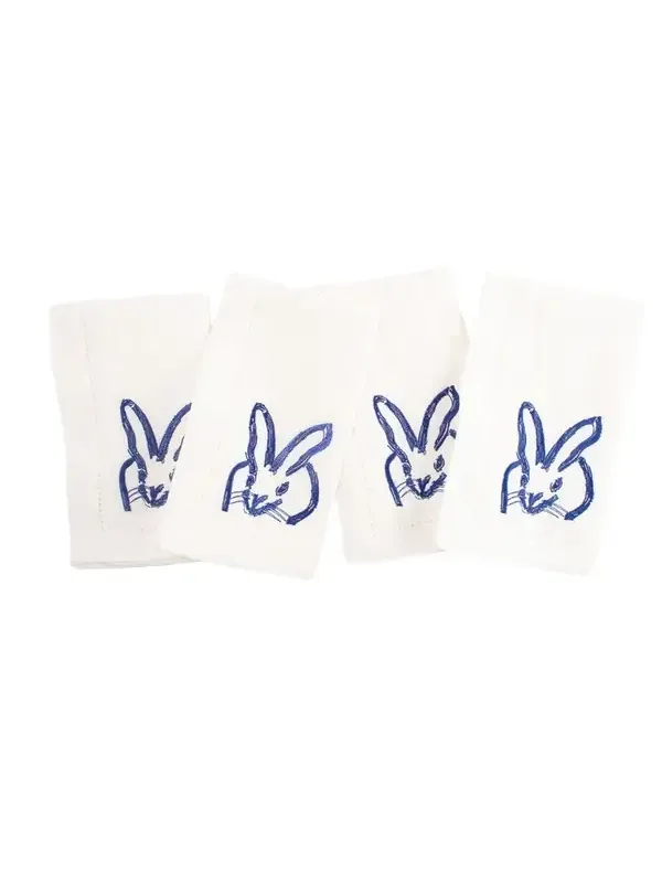 Hunt Slonem Painted Bunny Embroidered Dinner Napkin - Blue White