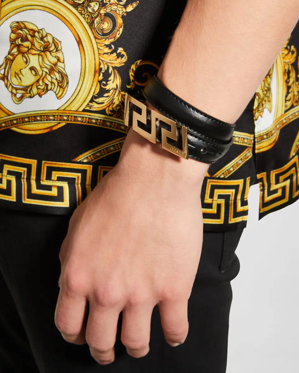 Versace Men's La Greca Leather Wrap Bracelet | Thumbnail 2