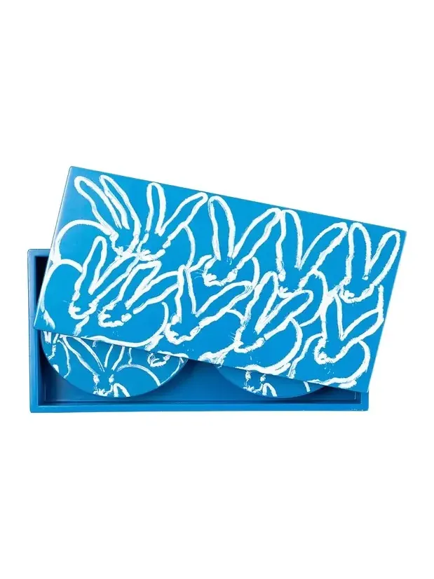 Hunt Slonem Blue Bunny Lacquer Coaster Box Set - 6 Coasters