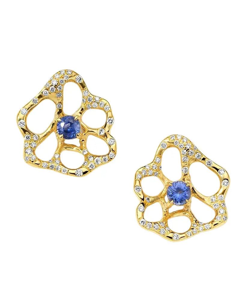 18K Stardust Drizzle Small Flower Stud Earrings with Blue Sapphire and Diamonds 18K Stardust Drizzle Small Flower Stud Earrings with Blue Sapphire and Diamonds