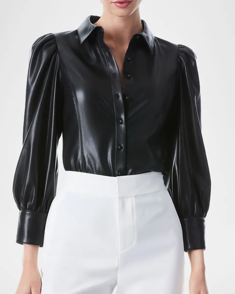 Alice + Olivia Nadine Puff-Sleeve Vegan Leather Blouse | Thumbnail 3 Alice + Olivia Nadine Puff-Sleeve Vegan Leather Blouse | Thumbnail 3